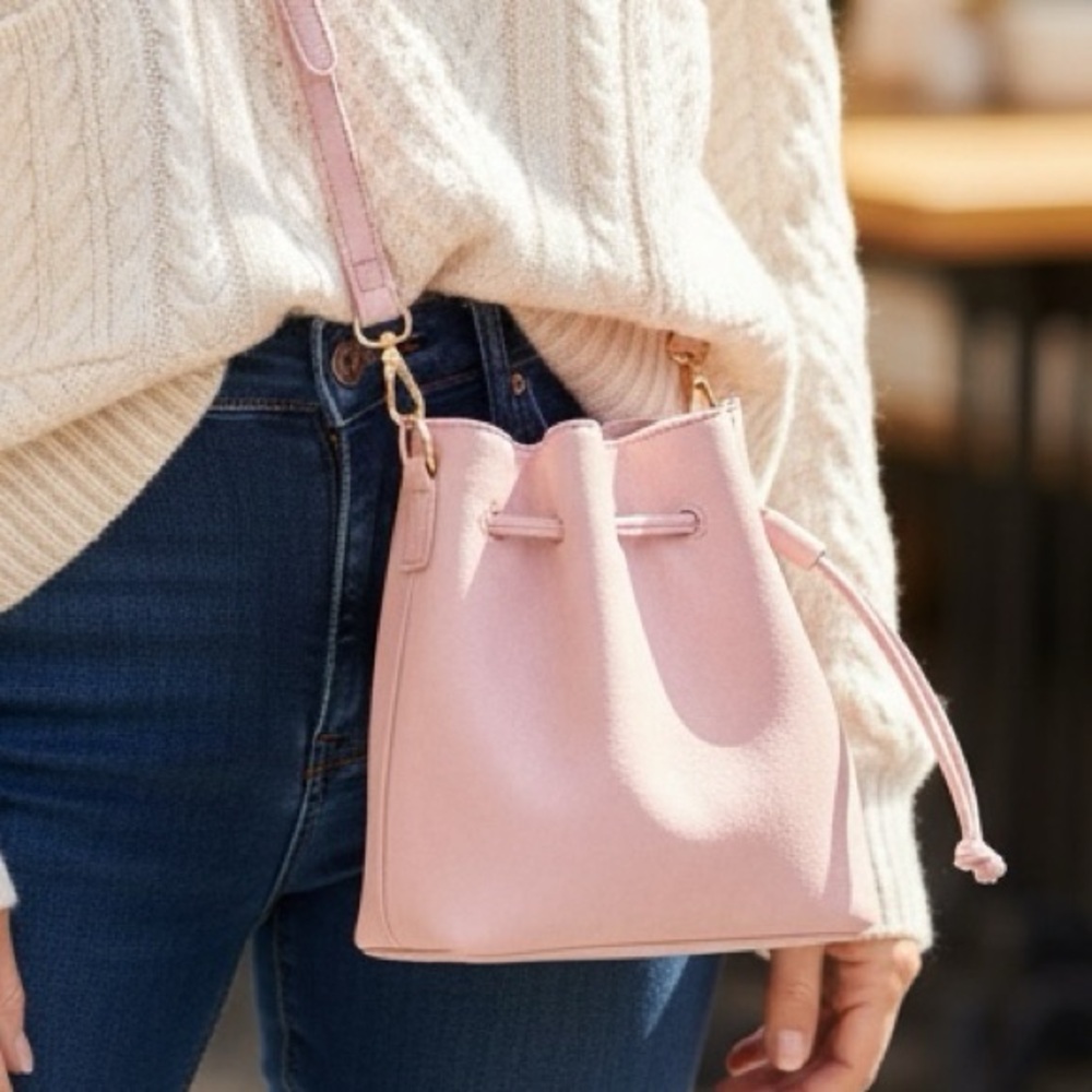 Faux Suede Mini Drawstring Bucket Crossbody Bag, NIB